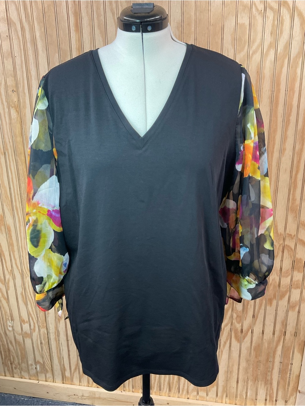 Chico's Black V-Neck Top with Floral Sheer Balloon Sleeves